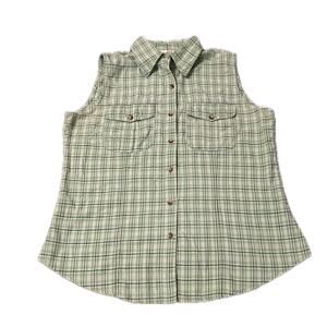 Vintage 1990s Green Plaid Cotton Sleeveless Shirt Button Up Summer Top / Medium